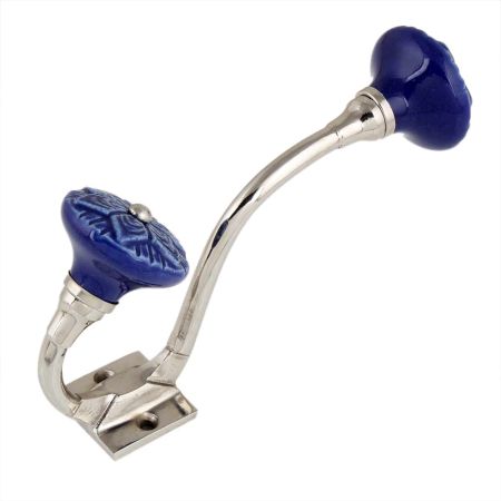 Navy Blue Wheel Flower Ceramic Silver Iron Hook